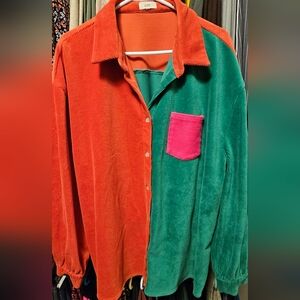 EUC Colorblock Corduroy Shirt - Red and Green W/Pink Pocket Sz 2XL
